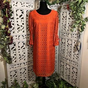 CB ESTAB1962 LUXURY CORAL ORANGE LACE OVERLAY SHEATH STYLE MID SLEEVE MIDI DRESS